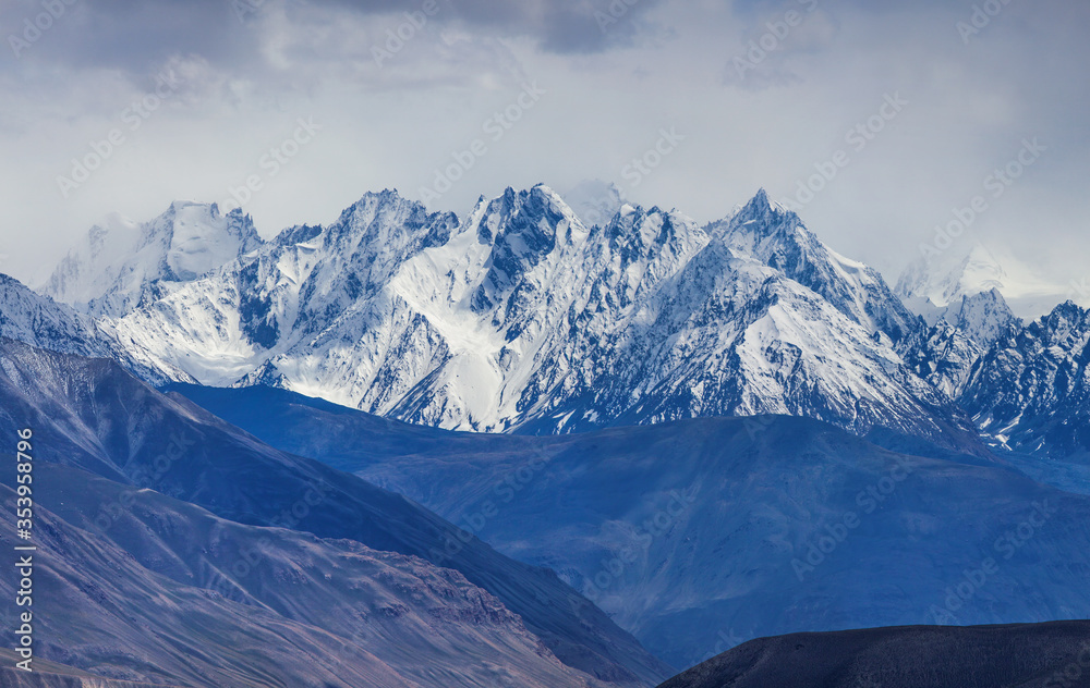 Snow-capped peaks of the Hindu-Kush Mountains. Wakhan Corridor, Tajikistan. Travels in Asia.