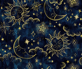 Wandcirkels Blauw goud patronen Astrologische zon en maan met sterren  © Catalina