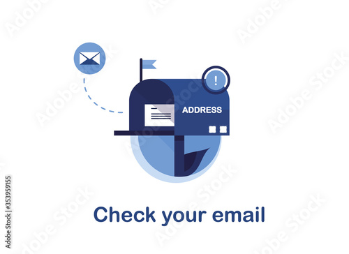 Vector banner illustration of email marketing. Subscription to newsletter, news, offers, promotions. Mailbox with a letter and envelope. Sending to the recipient address. Check your mail. Blue. Eps 10