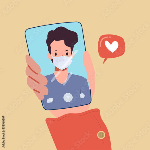 Young people character using mobile phone to video conference to communication.