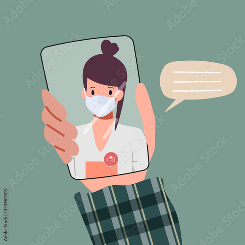 Young people character using mobile phone to video conference to communication.