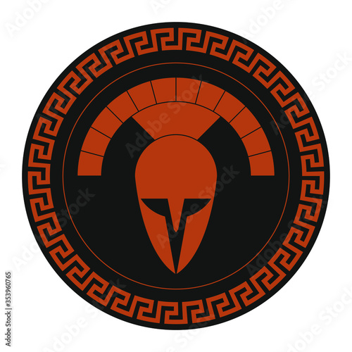 Tablou pe pânză Black and brown vintage Spartan shield with meander round pattern and a Corithni