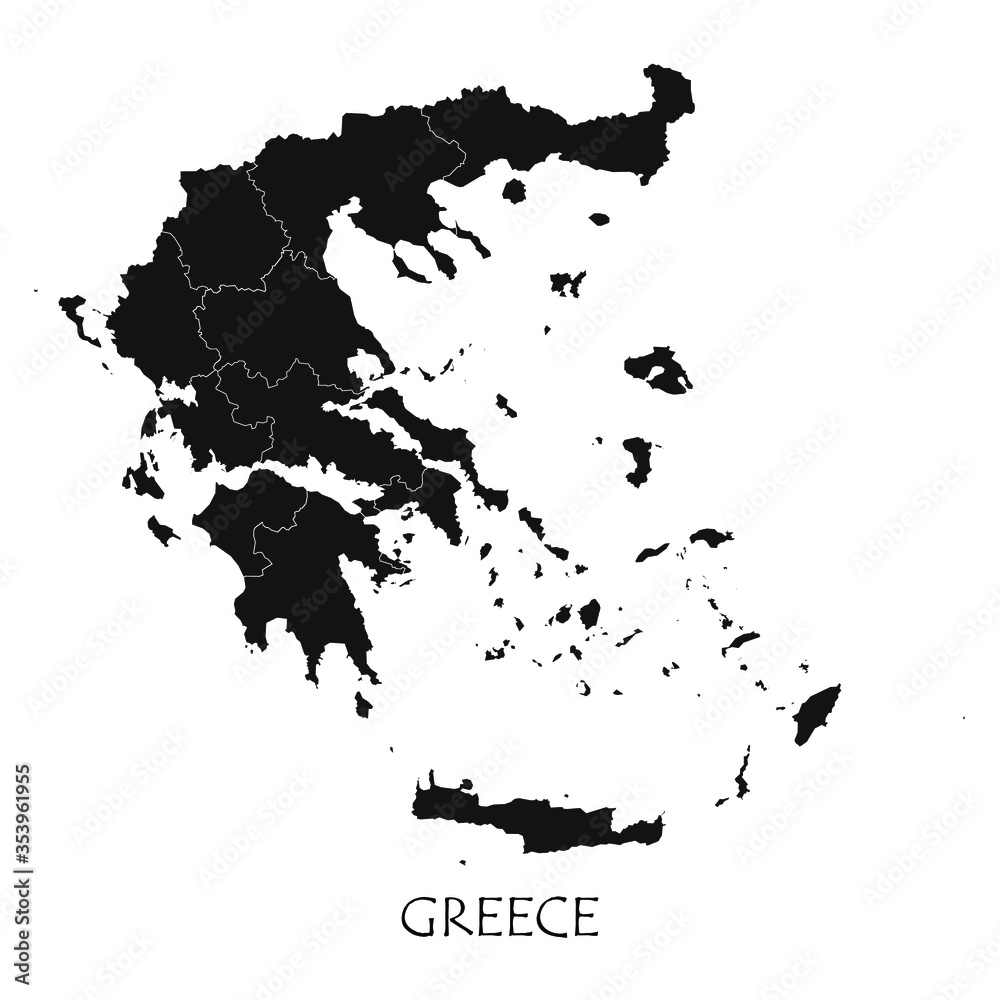 Black and white detailed vector Greece map with regions outlined