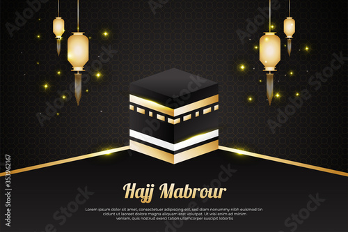 Hajj Mabrour Background with Kaaba and Golden Lanterns. Islamic Background for Banner, Poster, Wallpaper, or Greeting Card photo