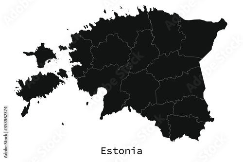 Black and white detailed Estonia map with regions outlined vector