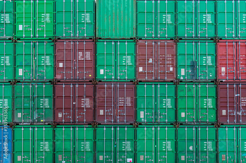 Photography red and green shipping container stacked up together sydney australia