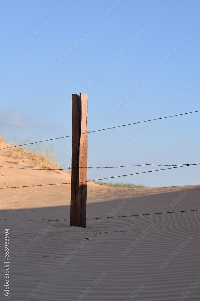 Poste de madera con alambre de púas sobre el desierto en un atardecer con un cielo azulado de fondo. Poste de madera con alambre de púas sobre el desierto en un atardecer con un cielo azulado de fondo.