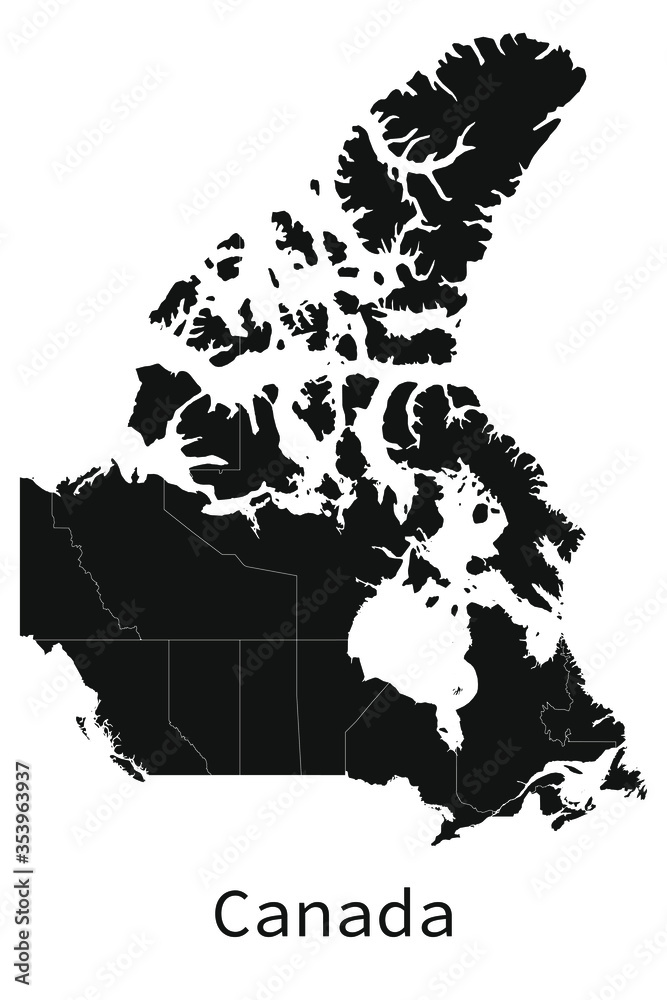 Black and white detailed Canada map with regions outlined vector