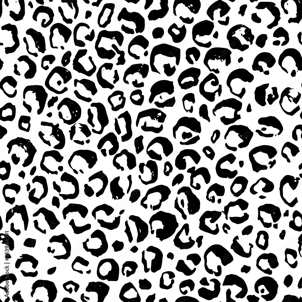 Vector illustration leopard print seamless pattern. Black and white hand drawn grunge background.