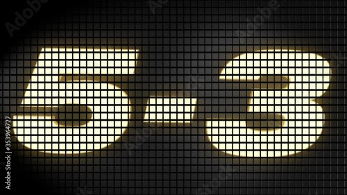 Digital scoreboard with 5 � 3 score text footage.