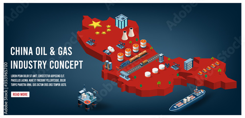 Modern isometric of China oil and gas industry concept with Energy and Power on flag background. 
Easy to edit and customize. Vector illustration
