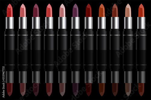 Set of colorful lipstick on black background. Make-up and fashion concept