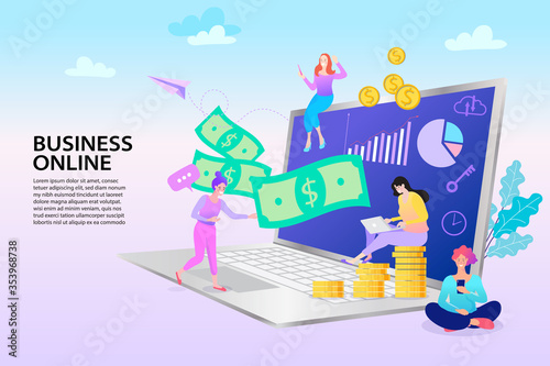Man and Woman with Laptop and Money on Screen. Online Shop Market Efficiency Monitoring and Research. Financial Balance, Accounting, Shopping. Landing web page template.