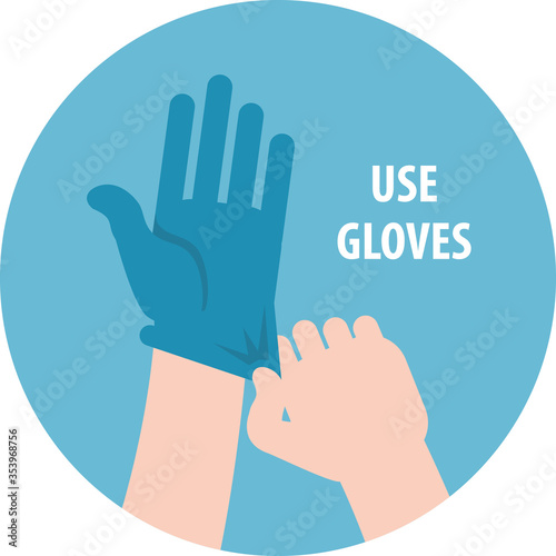 Signature Use gloves. Individual protection means. One hand puts pepper on the other hand to prevent viruses, coronavirus. Health, cleanliness and body care. Vector illustration. Flat infographic