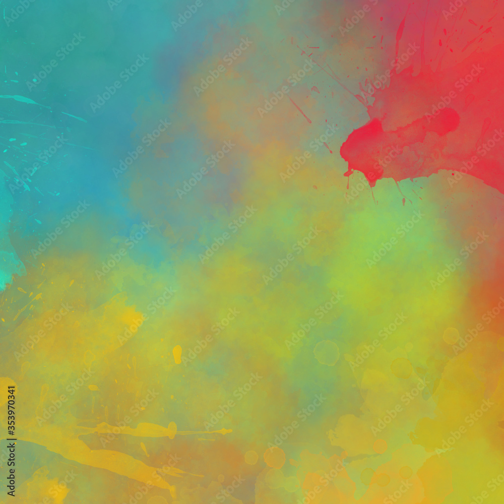 Digital watercolor background in colorful yellow blue red and orange colors, abstract background design with bright color splash border