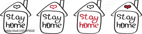 Stay home. Set of house icons with the words stay home black and red. Freehand self-isolation and quarantine company for the prevention and protection against coronovirus. Vector illustration.