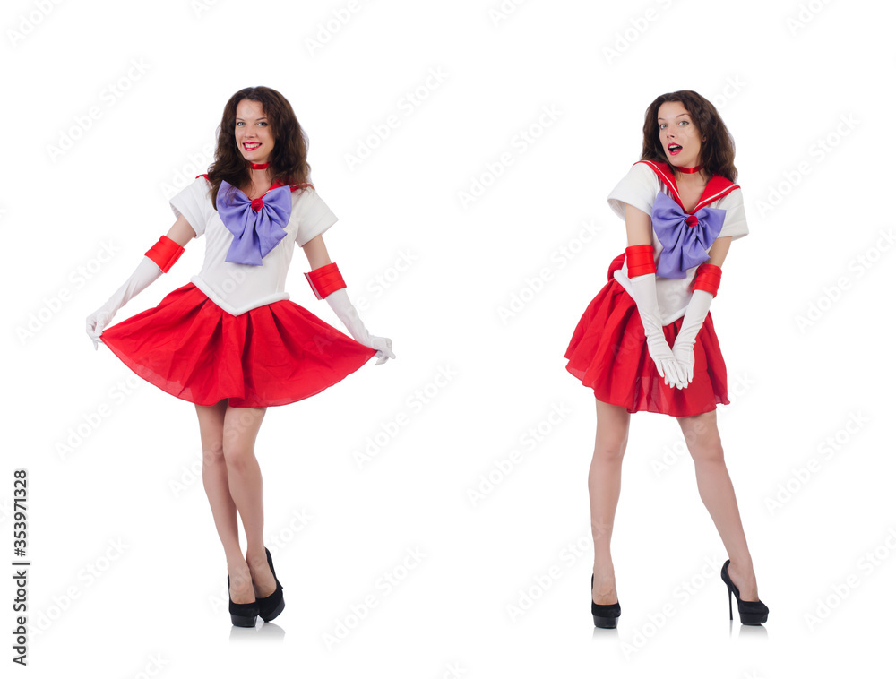 Female model wearing red dress isolated on white Female model wearing red dress isolated on white