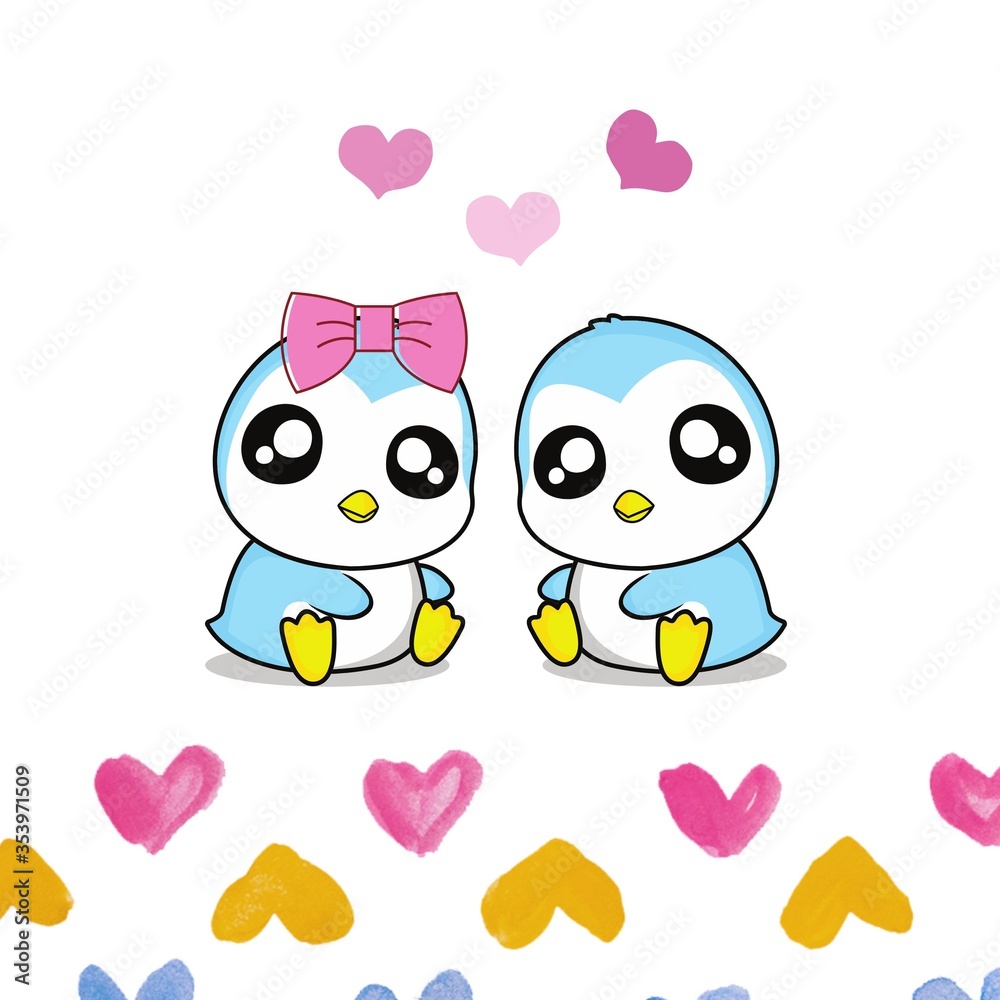 cute penquins in love illustration with pink and cream hearts cute penquins in love illustration with pink and cream hearts