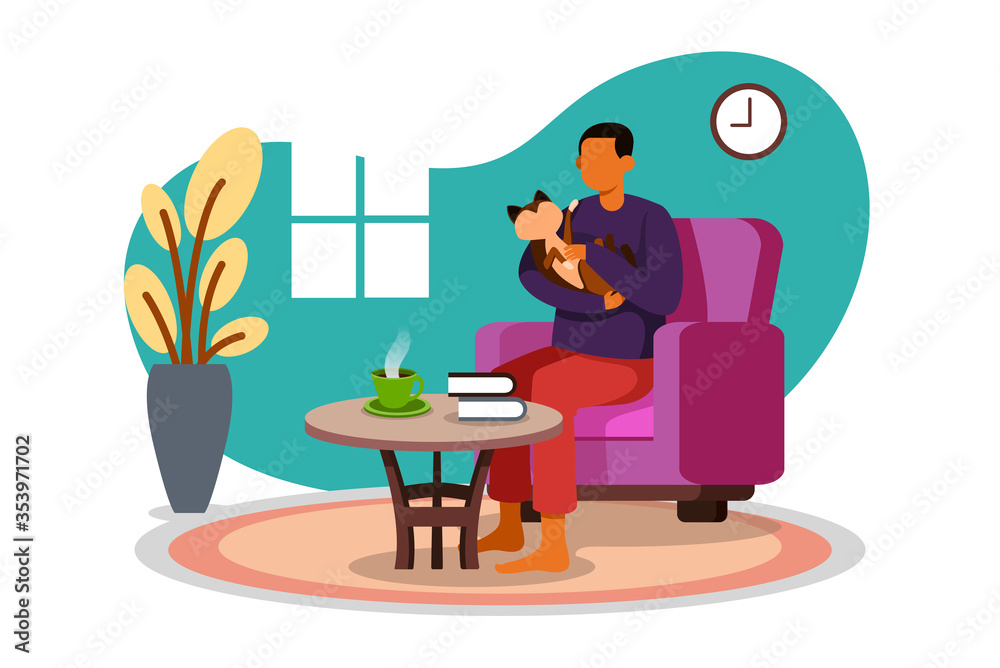 Chilling With A Cat, Work From Home Flat Illustration Chilling With A Cat, Work From Home Flat Illustration