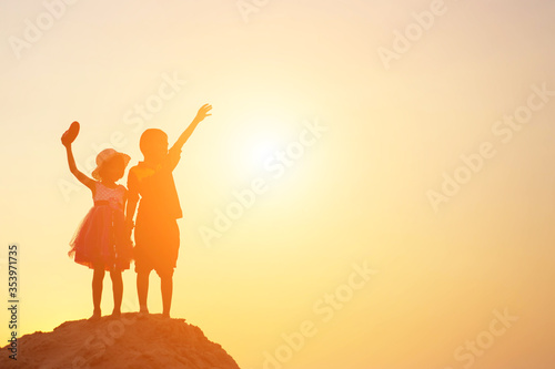 kid silhouette Moments of the child s joy. On the Nature sunset