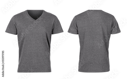 Gray woman v-nect t-shirts front and back isolated on white background, Clipping path.