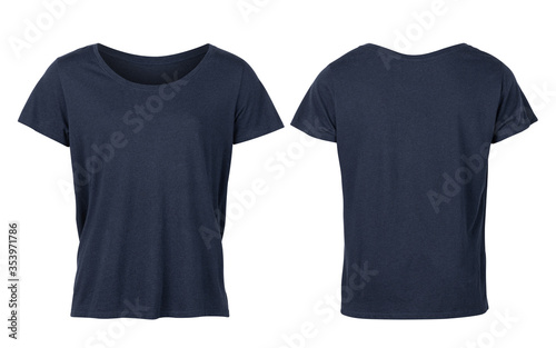 Deep blue woman t-shirts front and back isolated on white background, Clipping path.