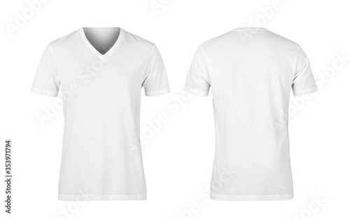 White woman v-nect t-shirts front and back isolated on white background, Clipping path.