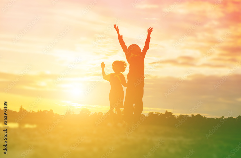 kid silhouette,Moments of the child's joy. On the Nature sunset