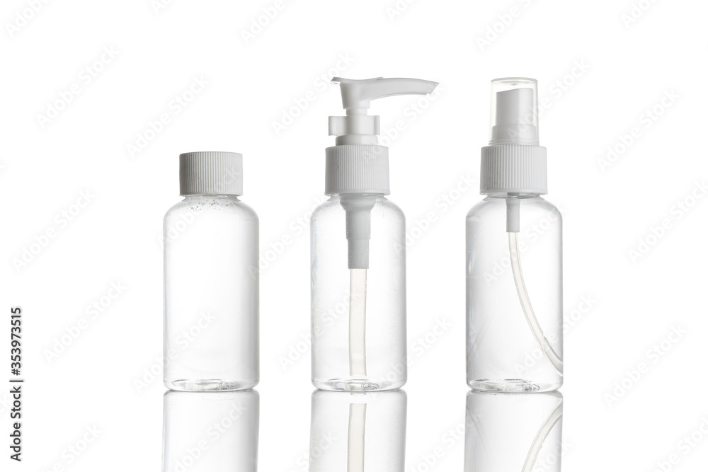 Gel bottle. Clear plastic blank for soap shampoo and mineral cosmetic isolated on white. Water cap spray on transparent background. Hand Alcohol Sanitizer. Gel bottle. Clear plastic blank for soap shampoo and mineral cosmetic isolated on white. Water cap spray on transparent background. Hand Alcohol Sanitizer.
