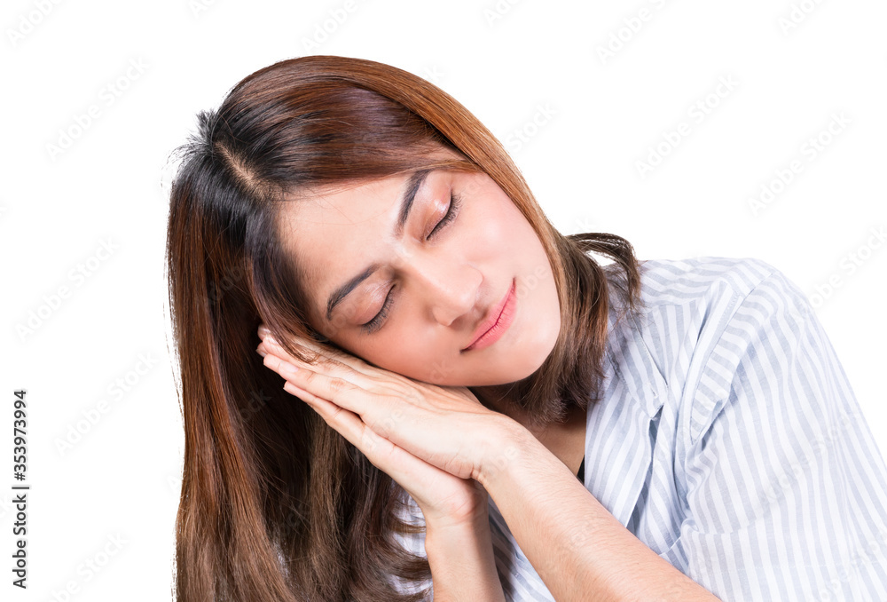woman sleeping on her hand with white background. close up portrait woman sleeping on her hand with white background. close up portrait
