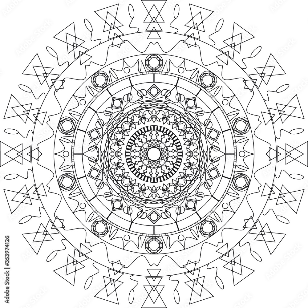 Illustration of mandala pattern. Combination any shape and line. Perfect for adult coloring book for healing in the middle of covid-19 pandemic or anything visual content about that.