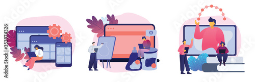 Cross platform development, brand development, content marketing icons set. Responsive web design, packaging design, visual storytelling metaphors. Vector isolated concept metaphor illustrations