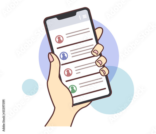 スマホでチャットツールを見る手元のイラスト・褐色・主線なし