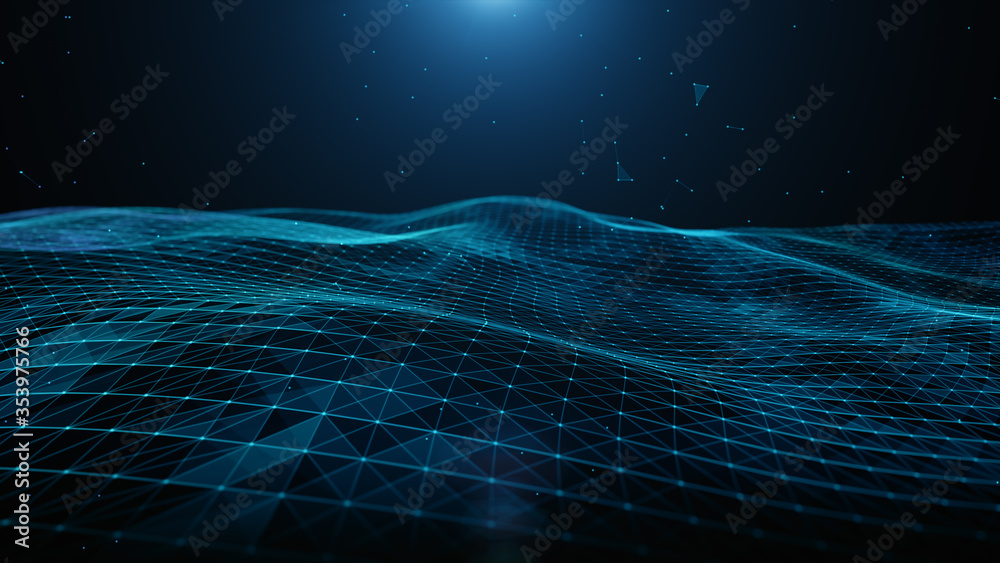 Abstract blue digital particles, lines and dots connection wave flow ...
