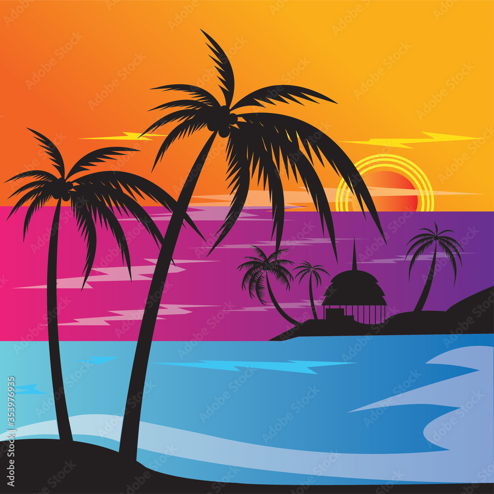 seascape evening color illustration of colorful vector design background