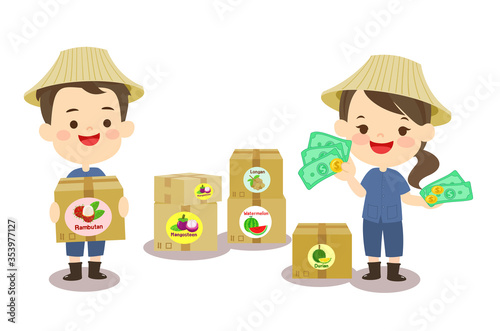 Cartoon  Thai Farmer Export Fruit Vector