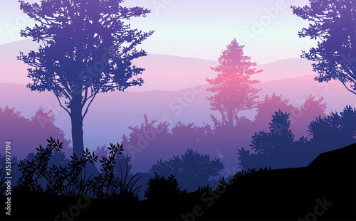 Natural forest mountains horizon hills silhouettes of trees. Evening Sunrise and sunset. Landscape wallpaper. Illustration vector style. Colorful view background.