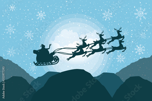 Christmas greeting card. Santa Claus in sleigh background of full moon in night sky