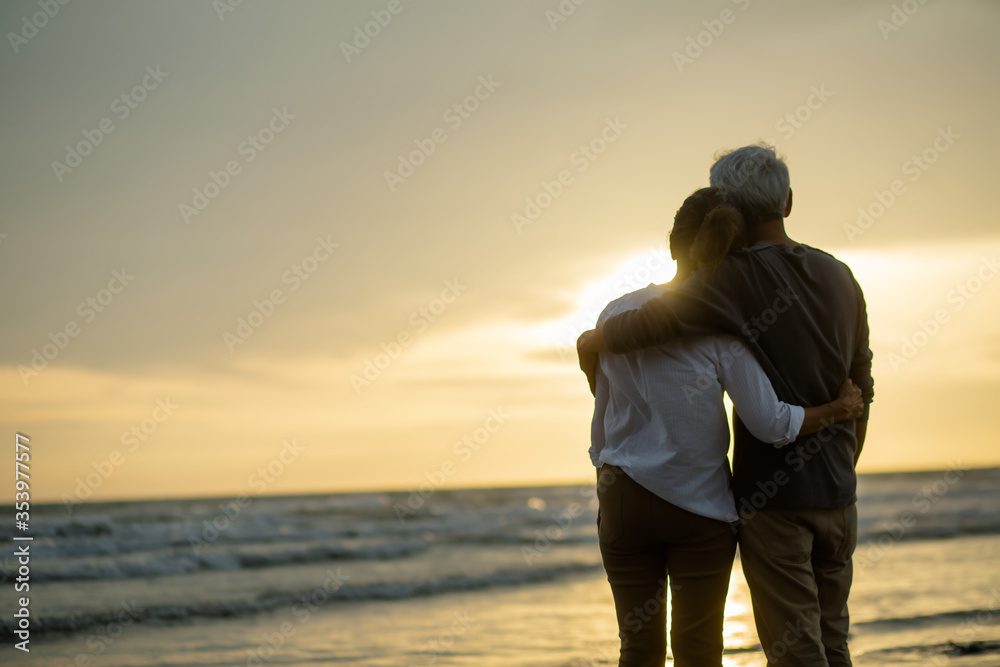 Rear view of Romantic senior embracing each other and looking at the Sunset. Love is everything.Retirement age concept and love, copy space for text.