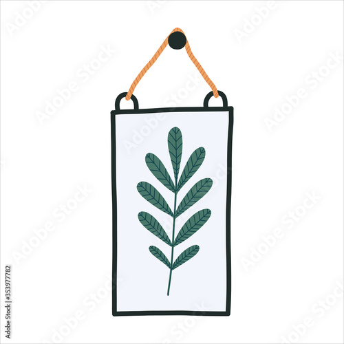 Interior herbarium: green leaf in glass frame. Modern interior wall pannel with herbs for livingroom. Hygge concept. Vector flat illustration on white background.