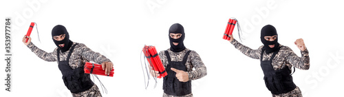 Fototapeta Soldier with dynamite isolated on white
