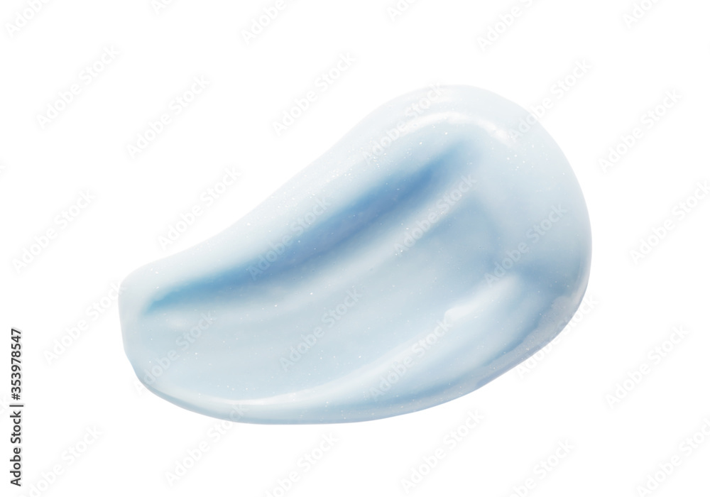 Toothpaste smudge isolated on white. Blue color toothcare product sample closeup. Oral hygiene paste smear