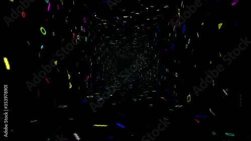 VJ Infinite Tunnel Loop of Random Glowing Retro Neon Shapes For Electronic Dance Music - Rainbow Colors. 
