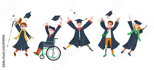 Happy disables students in different sex and nationalities jumping with joy. Vector Illustration