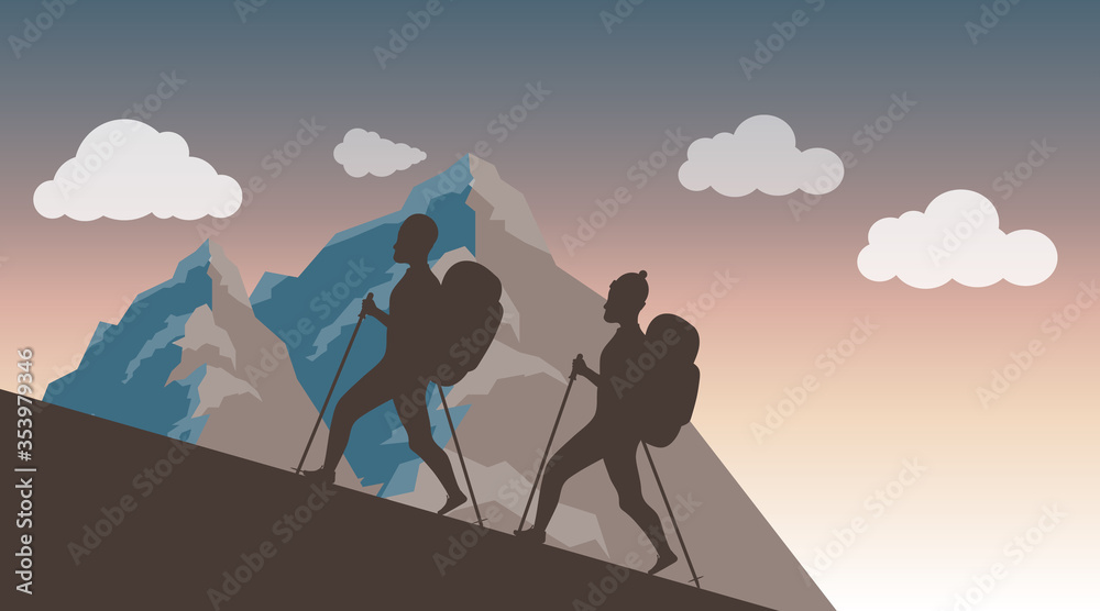 Climbing to the top. Silhouettes of two climbers climbing to the top of the mountain against the backdrop of the sunset. Vector illustration. Climbing to the top. Silhouettes of two climbers climbing to the top of the mountain against the backdrop of the sunset. Vector illustration.