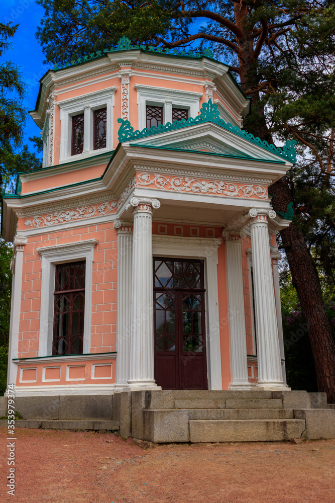 Pink Pavilion on island of Anti-Circe (island of love) in Sofiyivka park in Uman, Ukraine