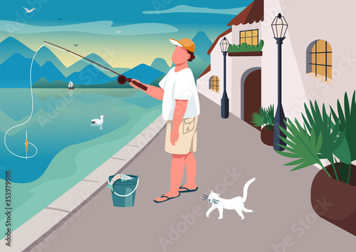 Man fishing at waterfront area flat color vector illustration