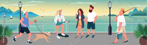 People walking on quay flat color vector illustration