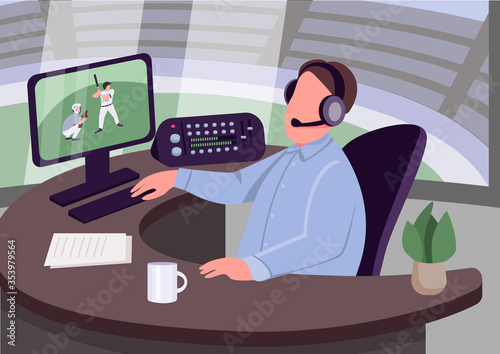 Sports commentator flat color vector illustration