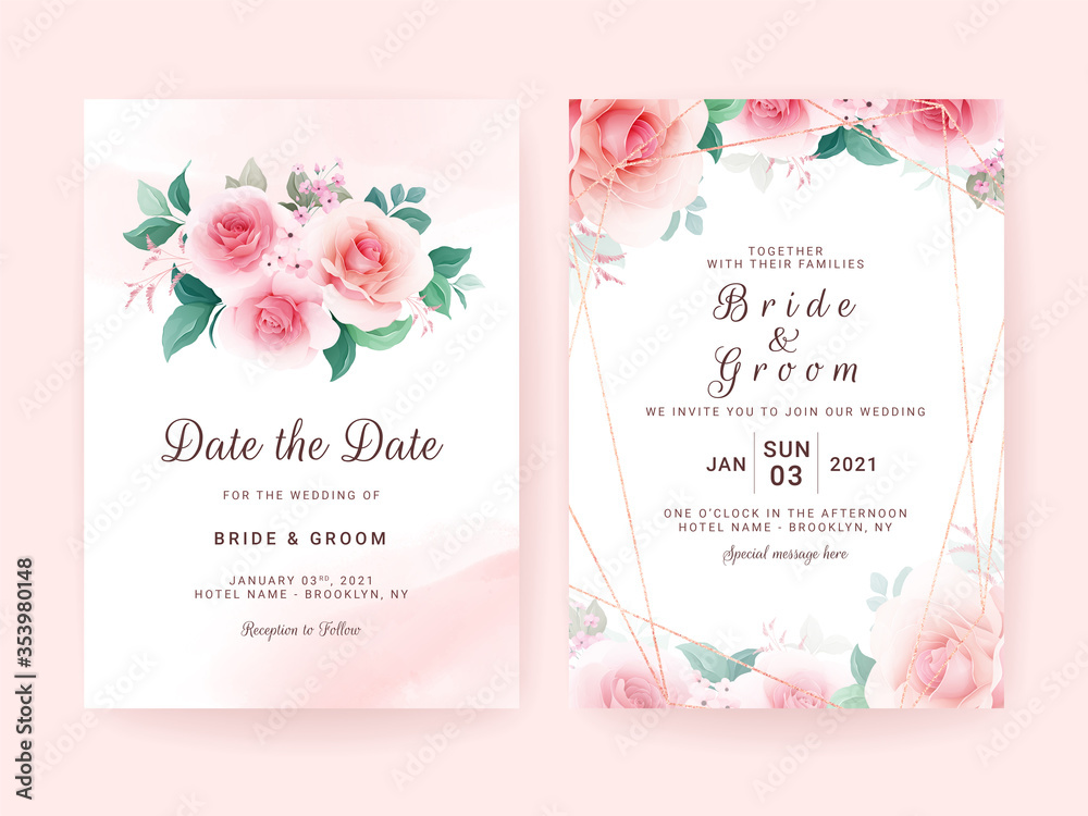 Set of wedding invitation template with flower bouquet & border, brush stroke, and geometric frame. Floral composition vector for save the date, greeting, thank you, rsvp, etc